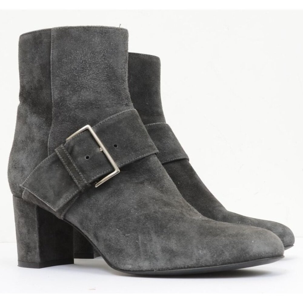 Bruno Magli Made in Italy Grey Suede Block Heel Chunky Buckle Bootie US Size 8.5